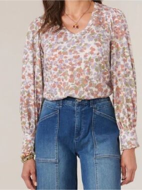 Democracy Floral V-Neck Long Sleeve Top - Cream, Pink, Green
